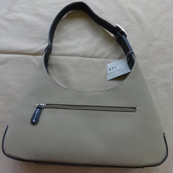 BPI Creations shoulder bag , tan canvas, black faux leather trim, top zip, NWT, - Picture 5 of 16